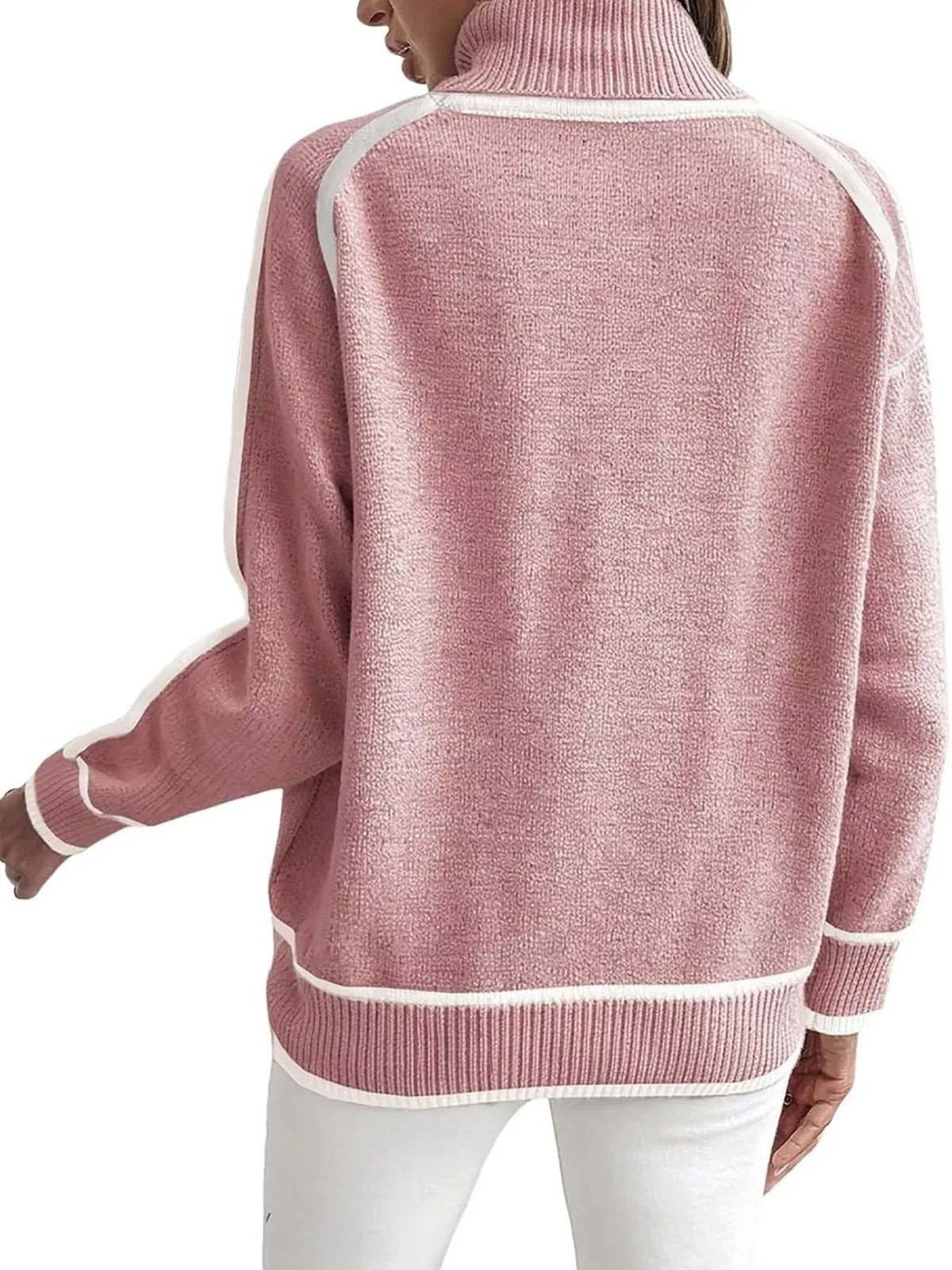 Apricot pink turtleneck sweater with contrast ribbed hem, cuffs, and long sleeves
