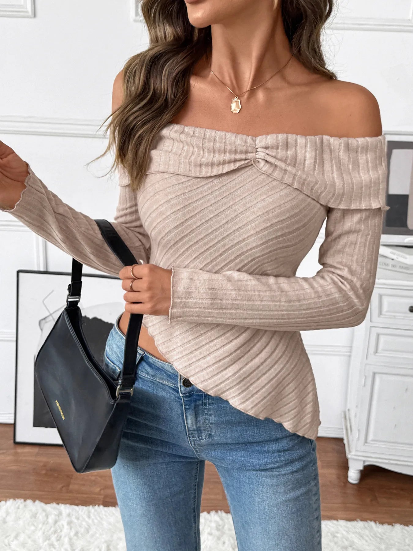 Khaki off-shoulder knit top with folded neckline detail and long sleeves