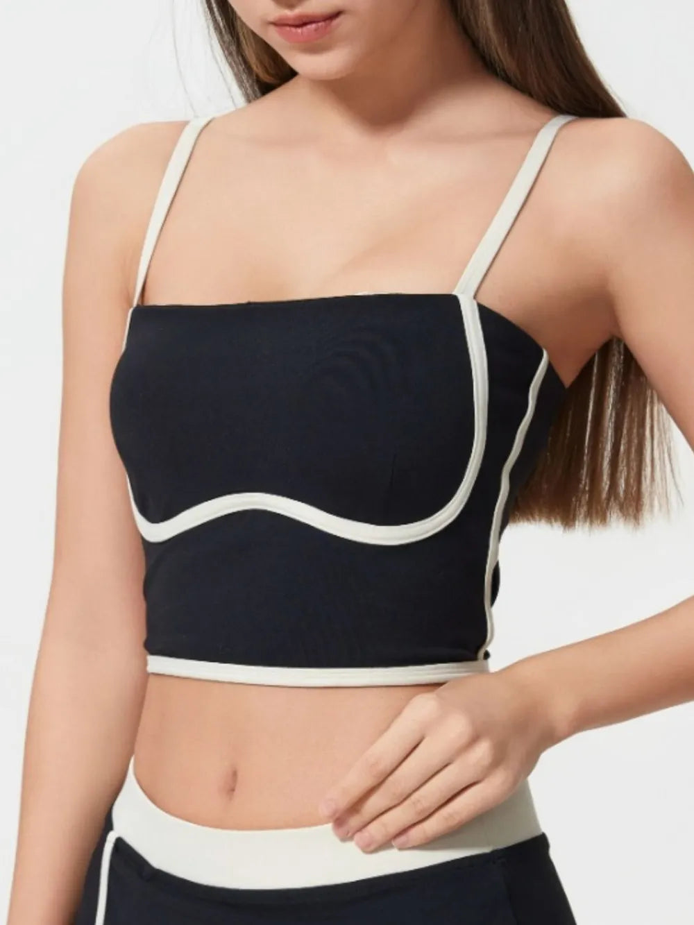 Black active cami with contrast white piping and wide straps