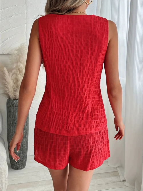 Red button-front vest and shorts set, sleeveless back with tiered hem