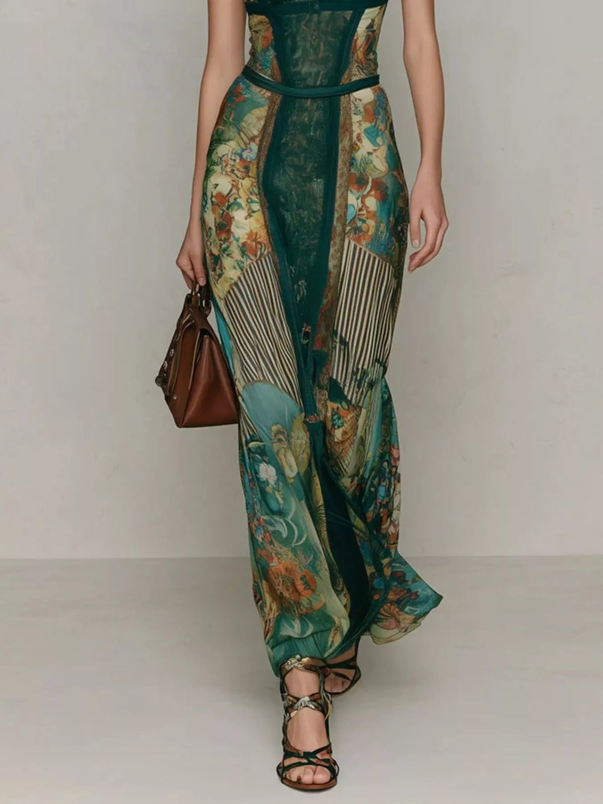 Green lace-trim cap sleeve maxi dress with patchwork floral skirt and waist belt