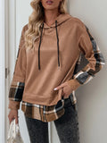 Camel long-sleeve hoodie with black drawstring, plaid side panels and cuffs