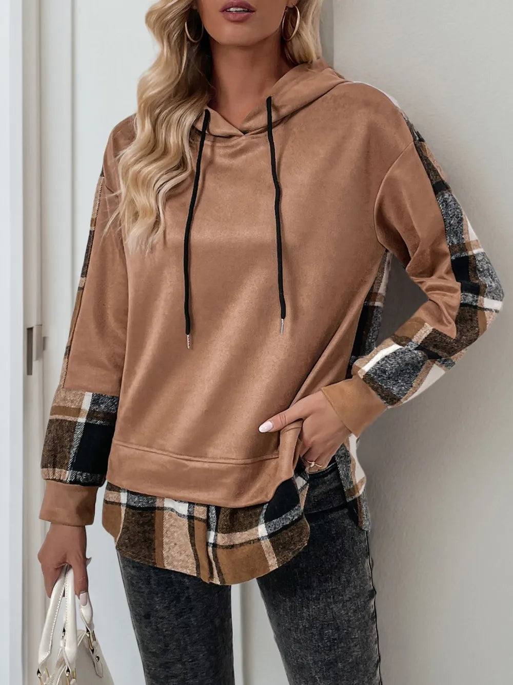 Camel long-sleeve hoodie with black drawstring, plaid side panels and cuffs