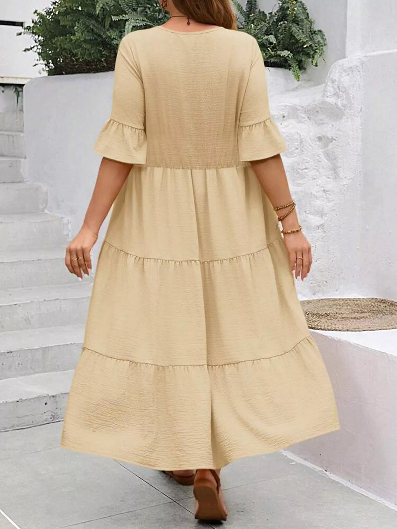 Apricot tiered midi dress with ruffle sleeves and layered back tiers
