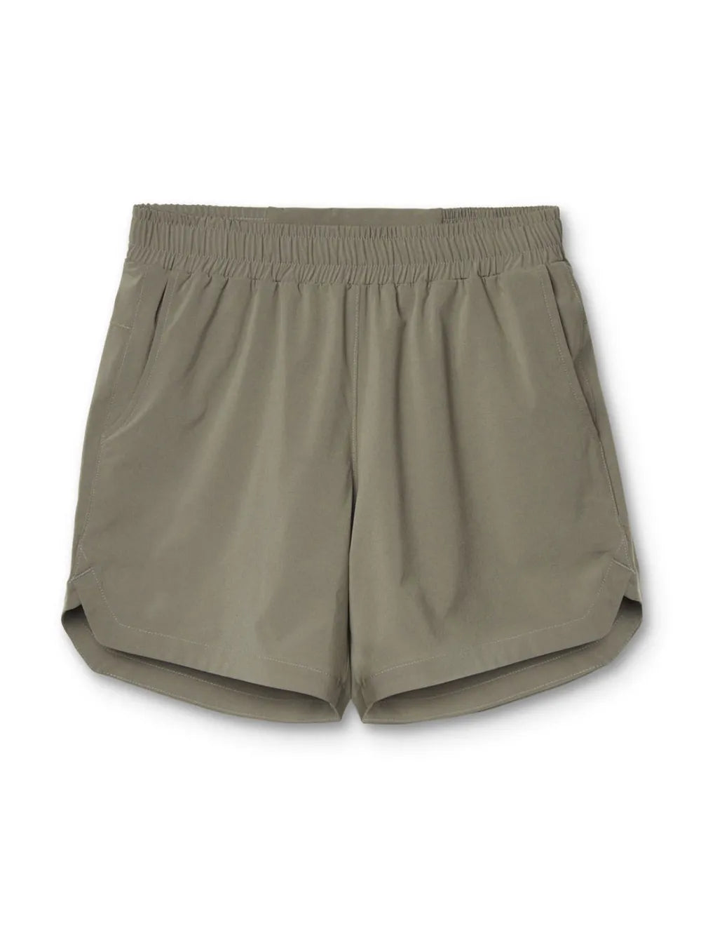 Men's elastic-waist active shorts in sage, front view with pleated elastic waistband.