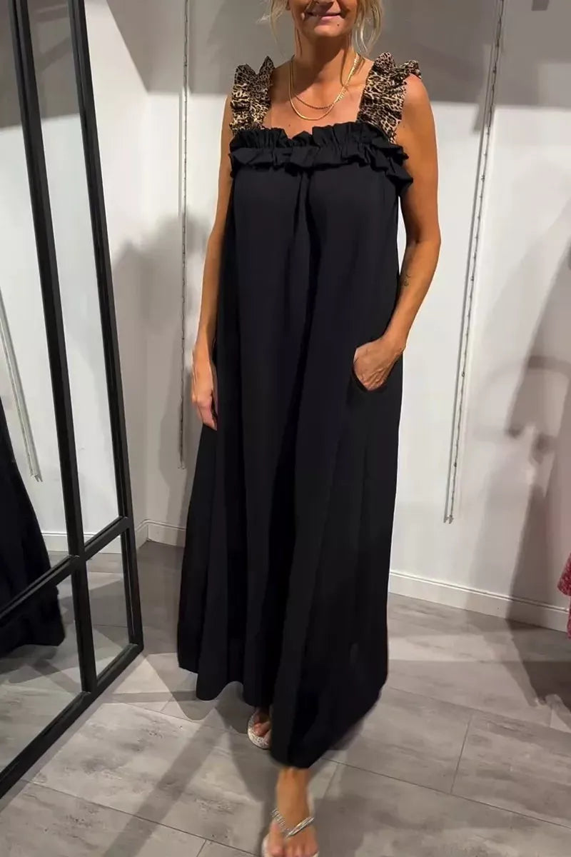 Plus size black maxi dress with leopard-print ruffled straps and pockets