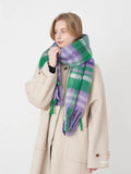 Plaid polyester scarf in green and purple with white stripes and fringe ends.