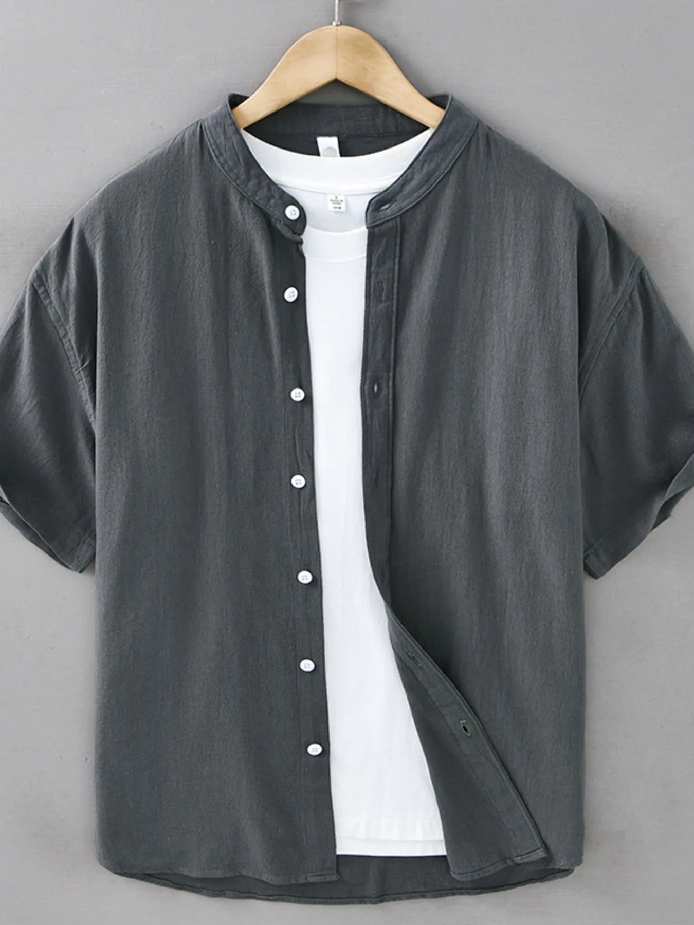 Dark gray plus size button-up short sleeve shirt with button front placket