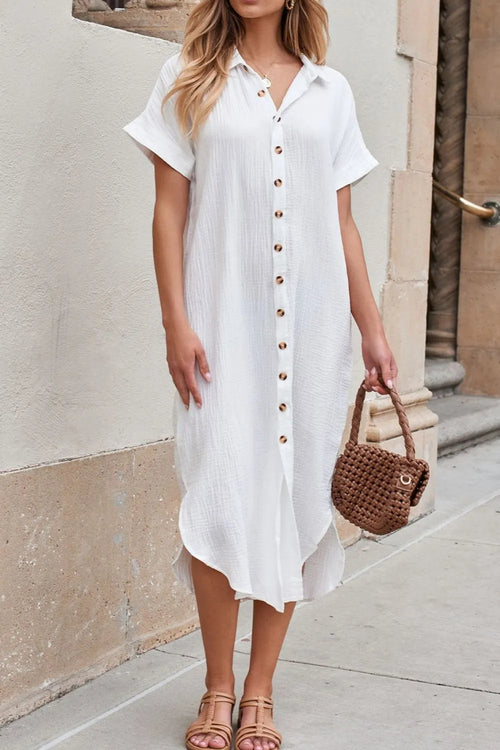 White button-front short-sleeve midi shirt dress with point collar and button placket