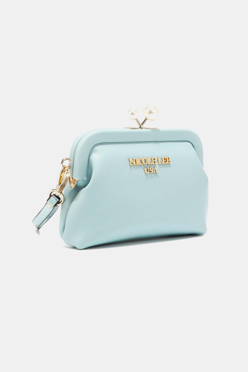 Nicole Lee USA Elise pearl coin purse, light blue with kiss-lock clasp and wrist strap