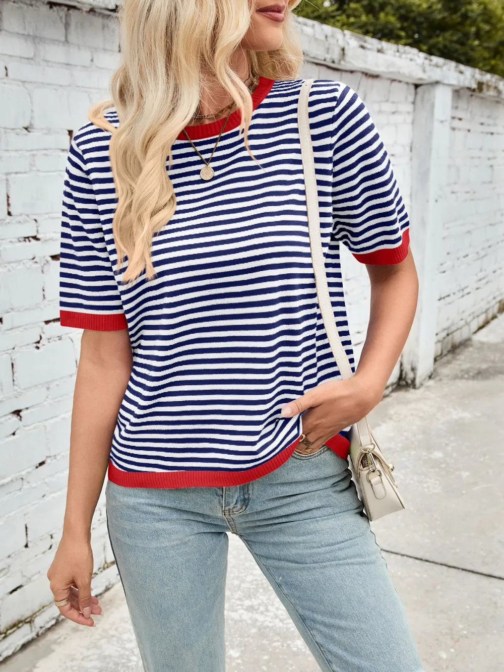 Navy and white striped knit top with red contrast round neck and half sleeves