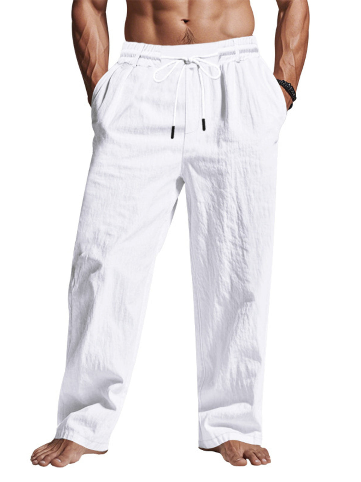 Lightweight men’s drawstring pants in white, elastic waist with drawstring, relaxed fit