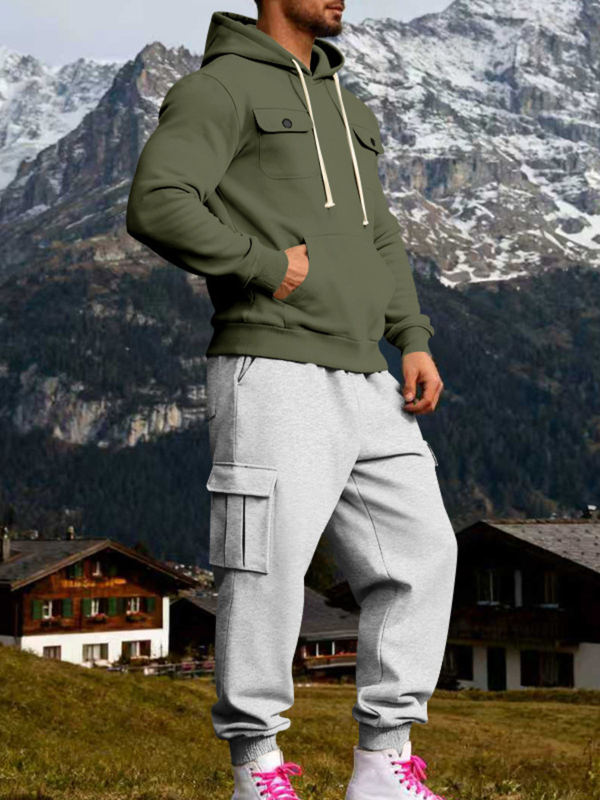Two-piece kangaroo hoodie set: army green hoodie with drawstring and light gray pants