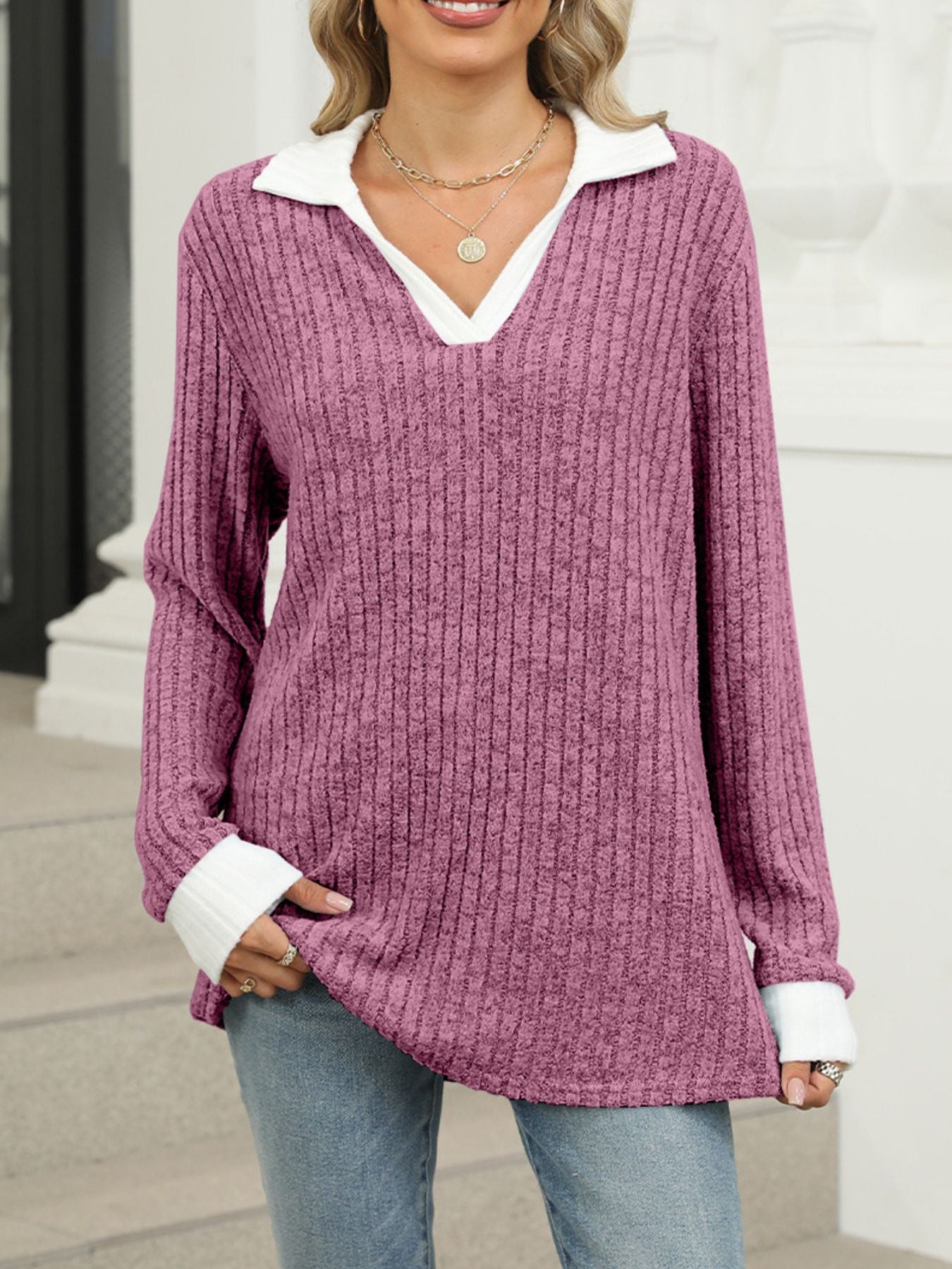Cedar & Moore Ribbed knit long sleeve T-shirt in mauve purple with white collar cuffs