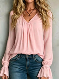 Women’s v-neck polyester blouse in dusty pink with flounce bell sleeves and gathered front