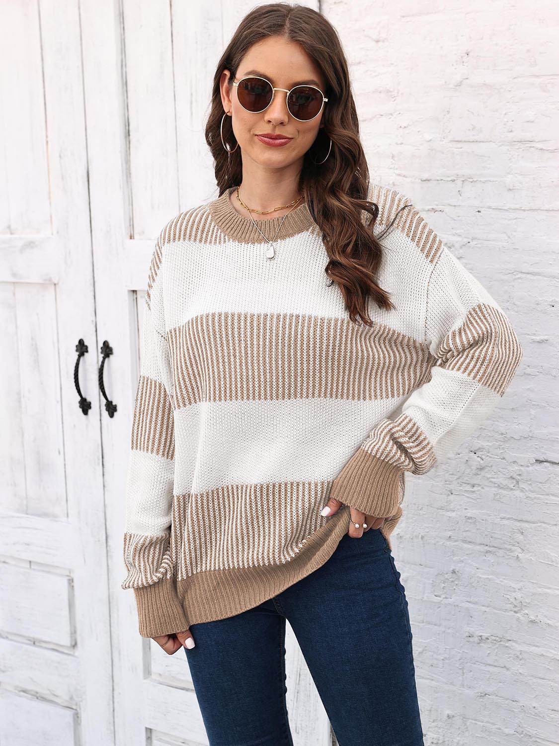 Striped knit sweater with round neck, drop-shoulder long sleeves in khaki and white