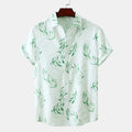 Men's plus size printed short-sleeve casual shirt, light green base with leaf pattern