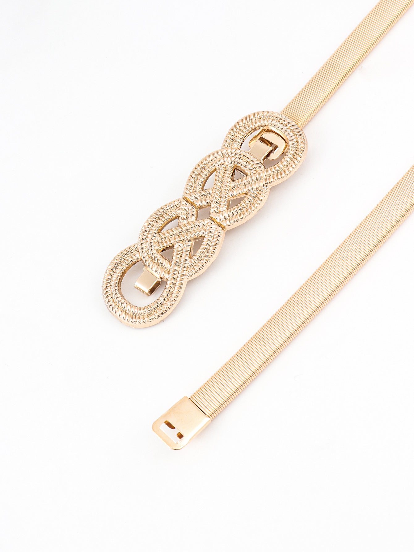Gold-tone metal knot buckle belt with long strap and linked buckle detail