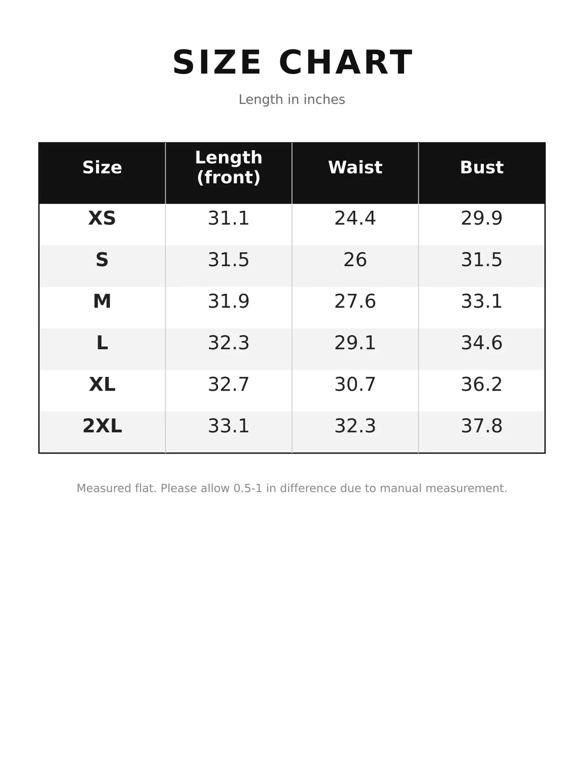 Size chart table with length, waist, and bust measurements for the mini dress