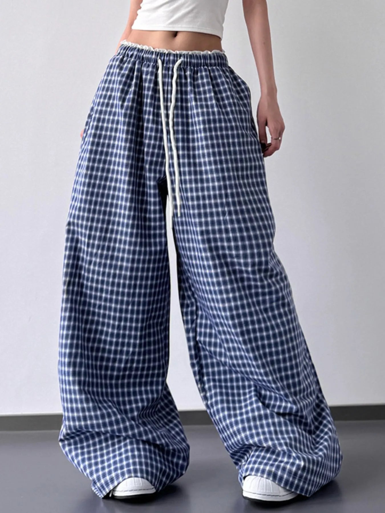 Drawstring plaid wide-leg pants, blue and white gingham-style check, elastic waist