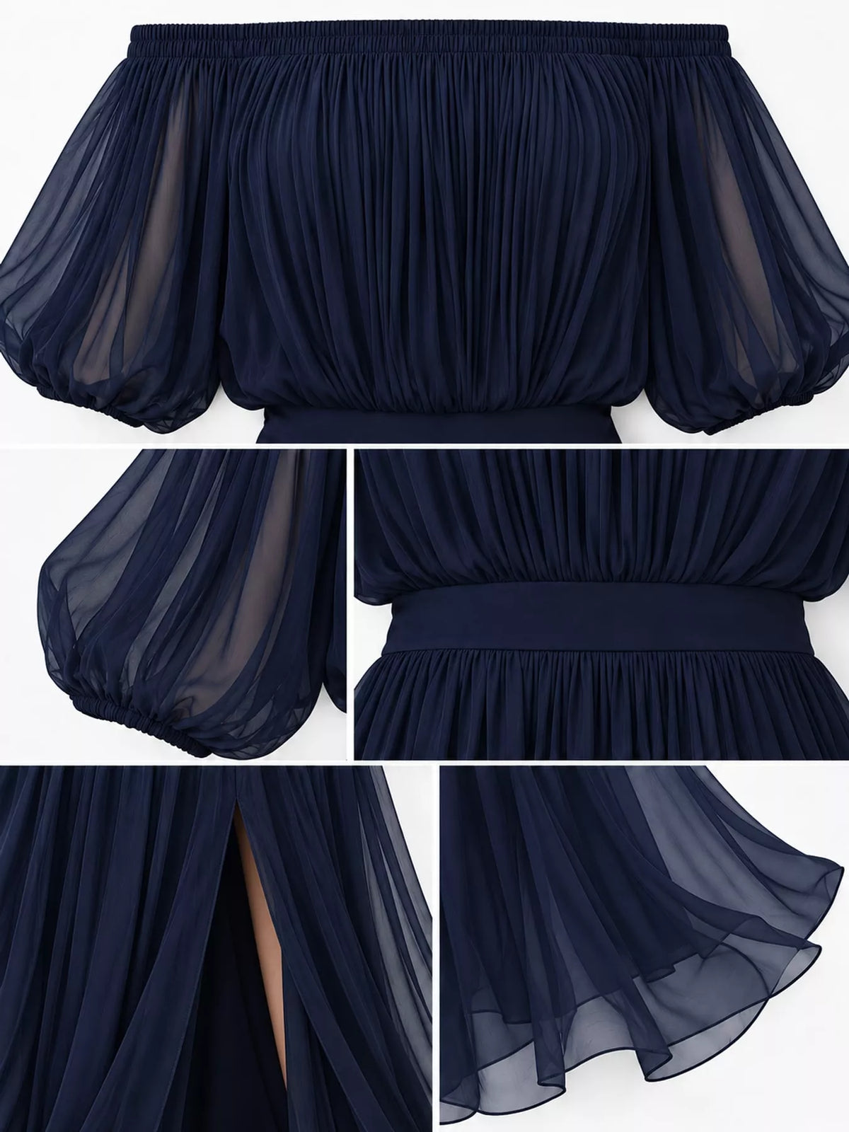 Navy chiffon maxi dress detail: ruched off-shoulder, gathered waist, layered sheer hem
