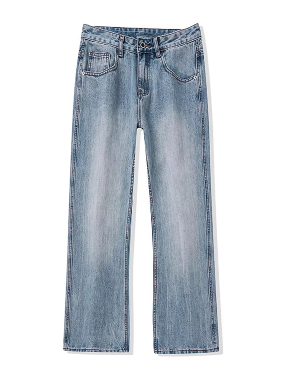 Washed stretch relaxed cotton jeans, light blue, front view, wide straight leg