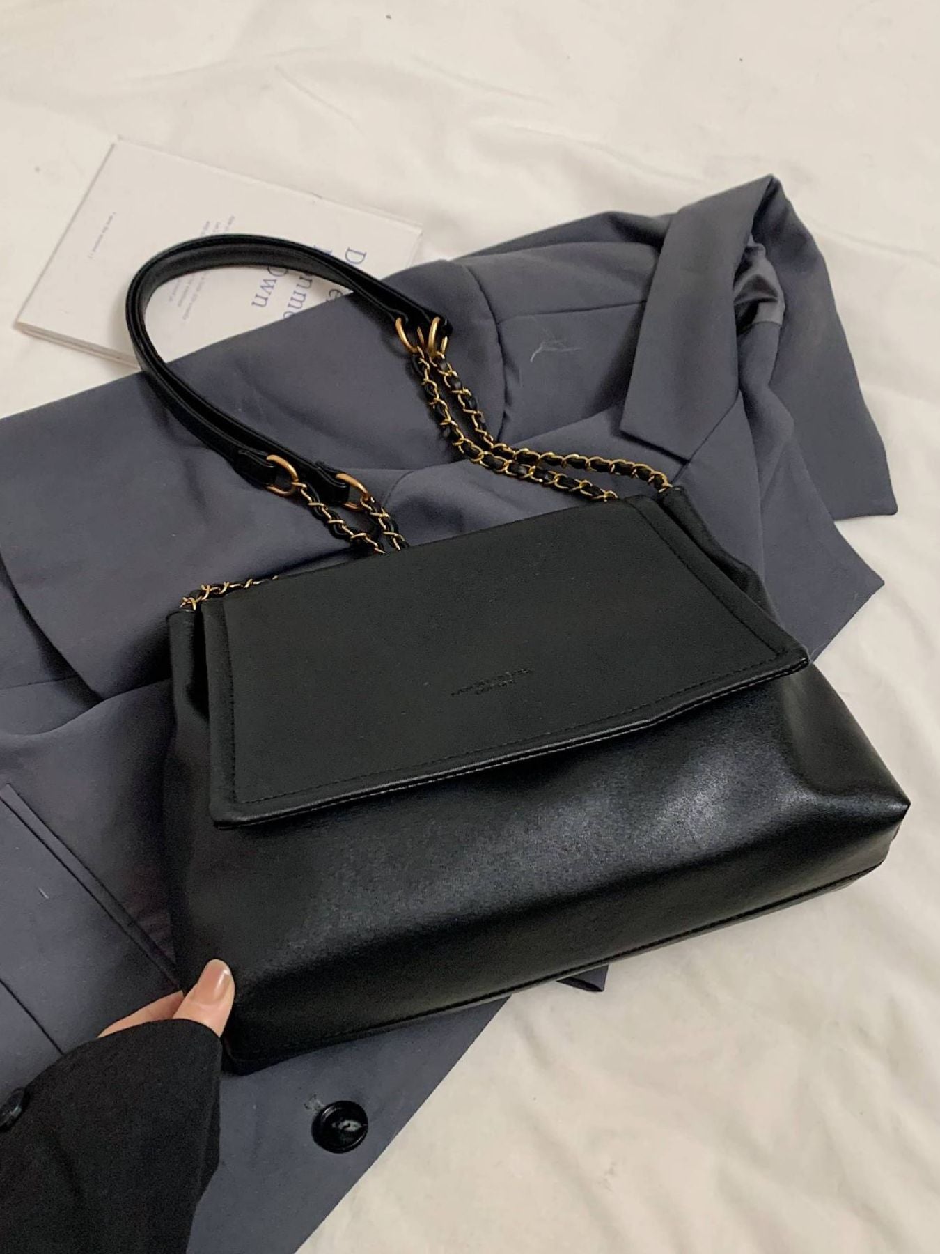 Flap Chain Shoulder Bag, black PU, Trendsi, medium with gold-tone chain strap