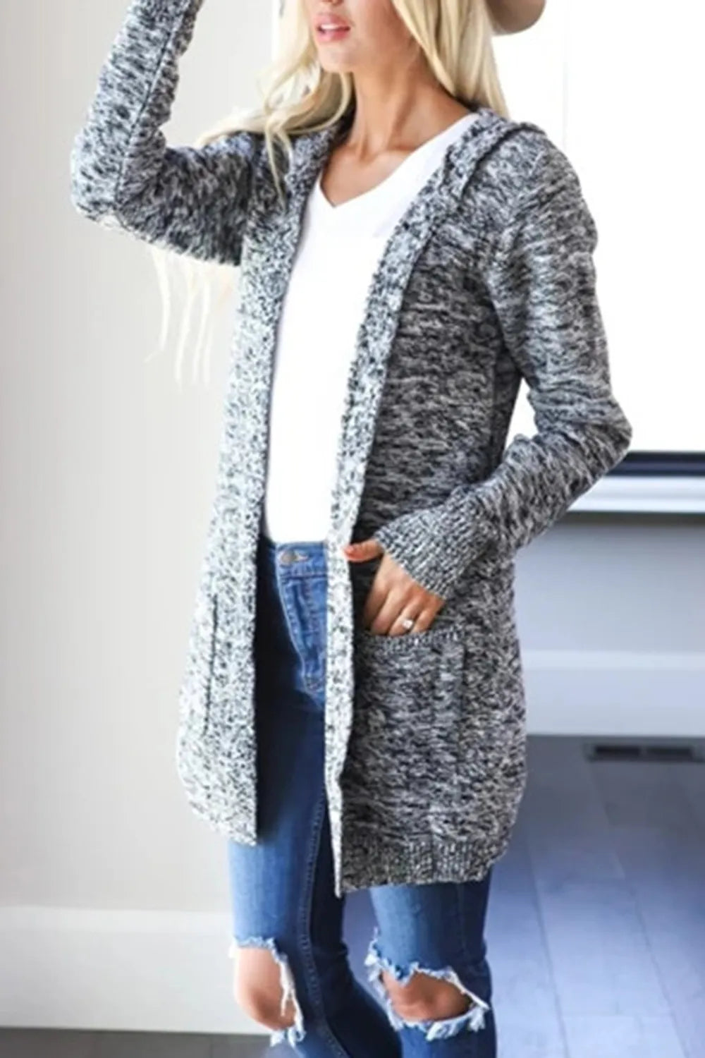 Heathered open-front cardigan, black-and-white heather hood with large front pockets