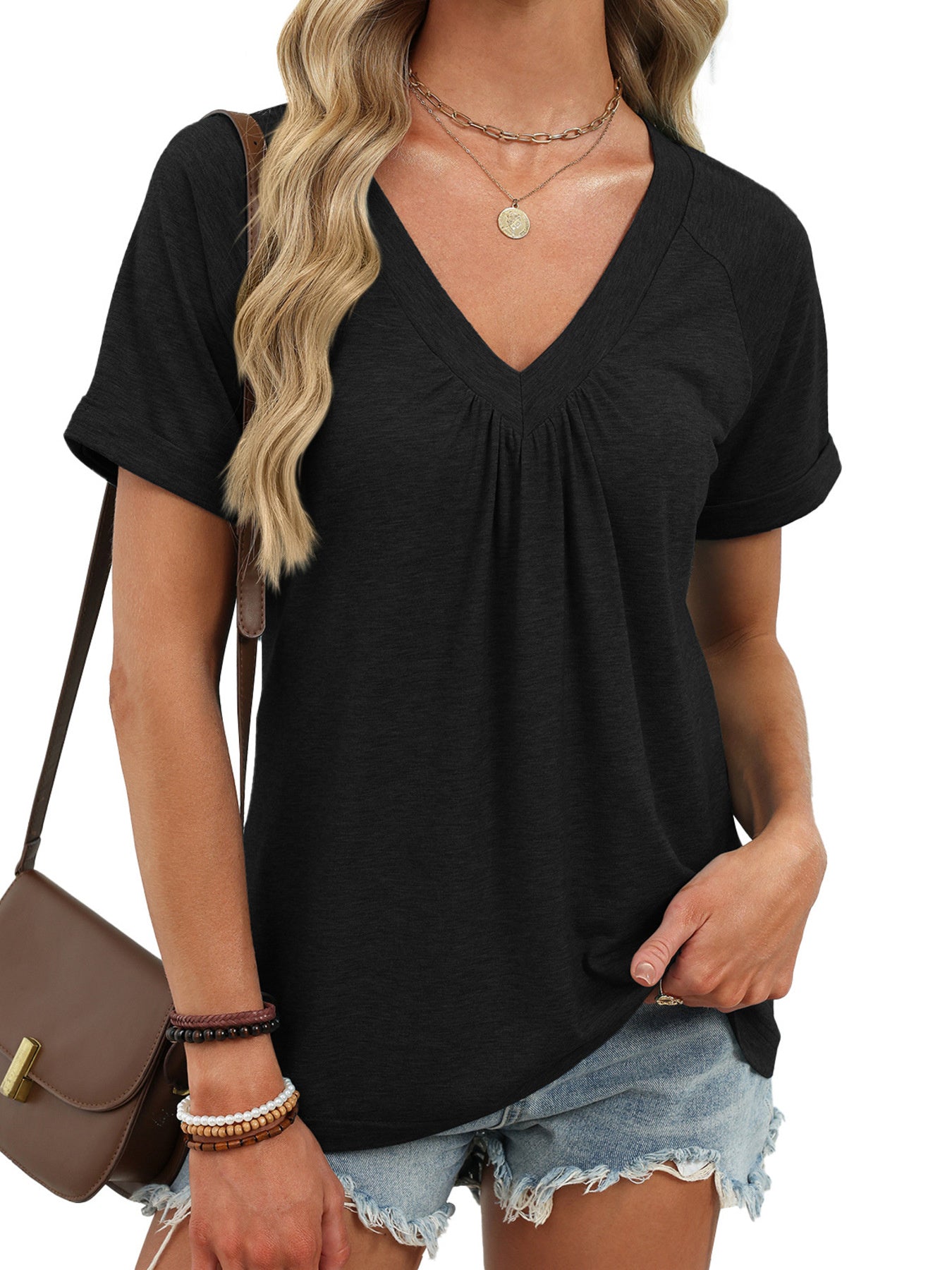 Cedar & Moore black casual v-neck short-sleeve T-shirt with ruched neckline detail.