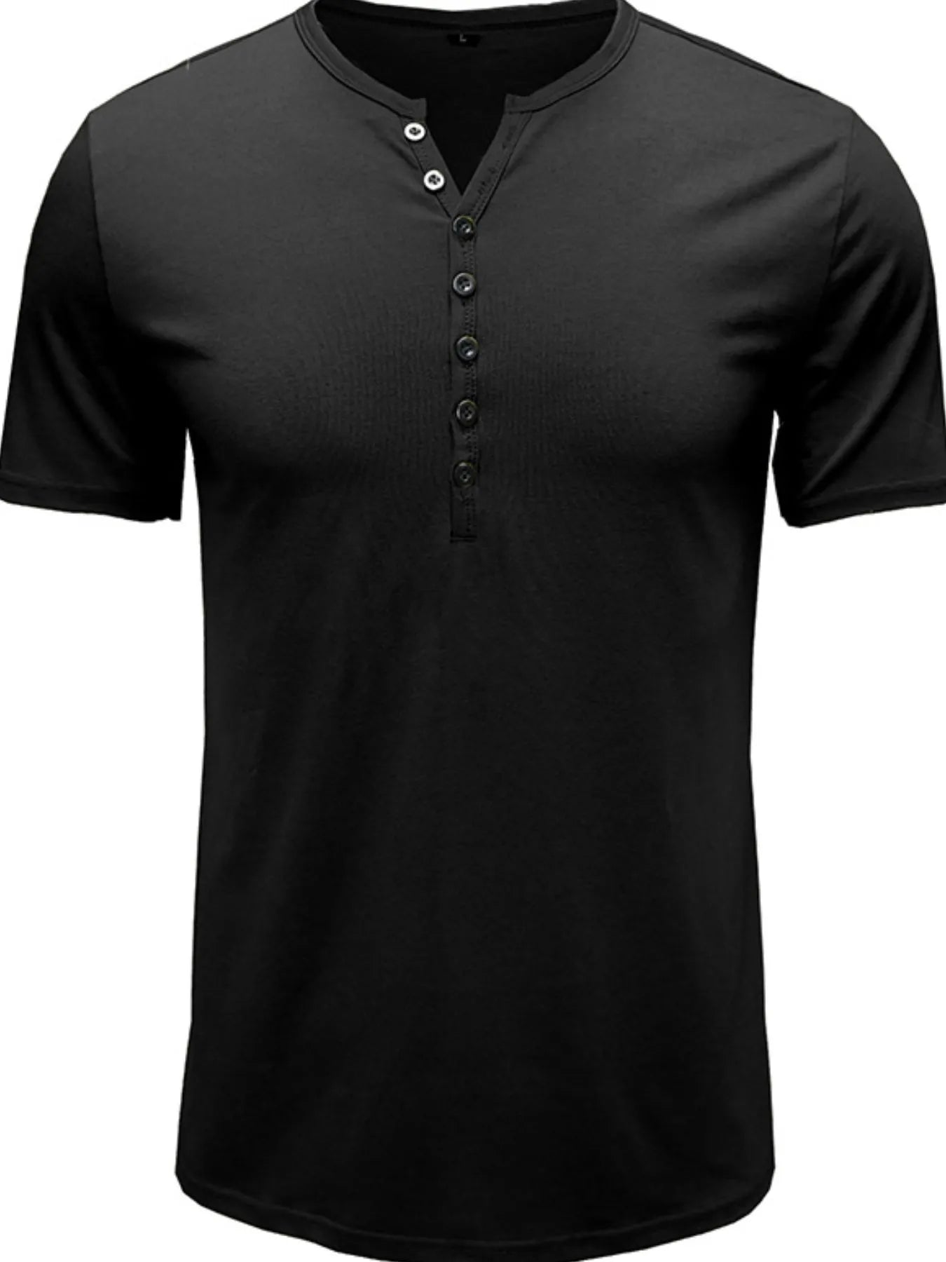 Dark henley short-sleeve polo shirt with three-button placket and dark buttons