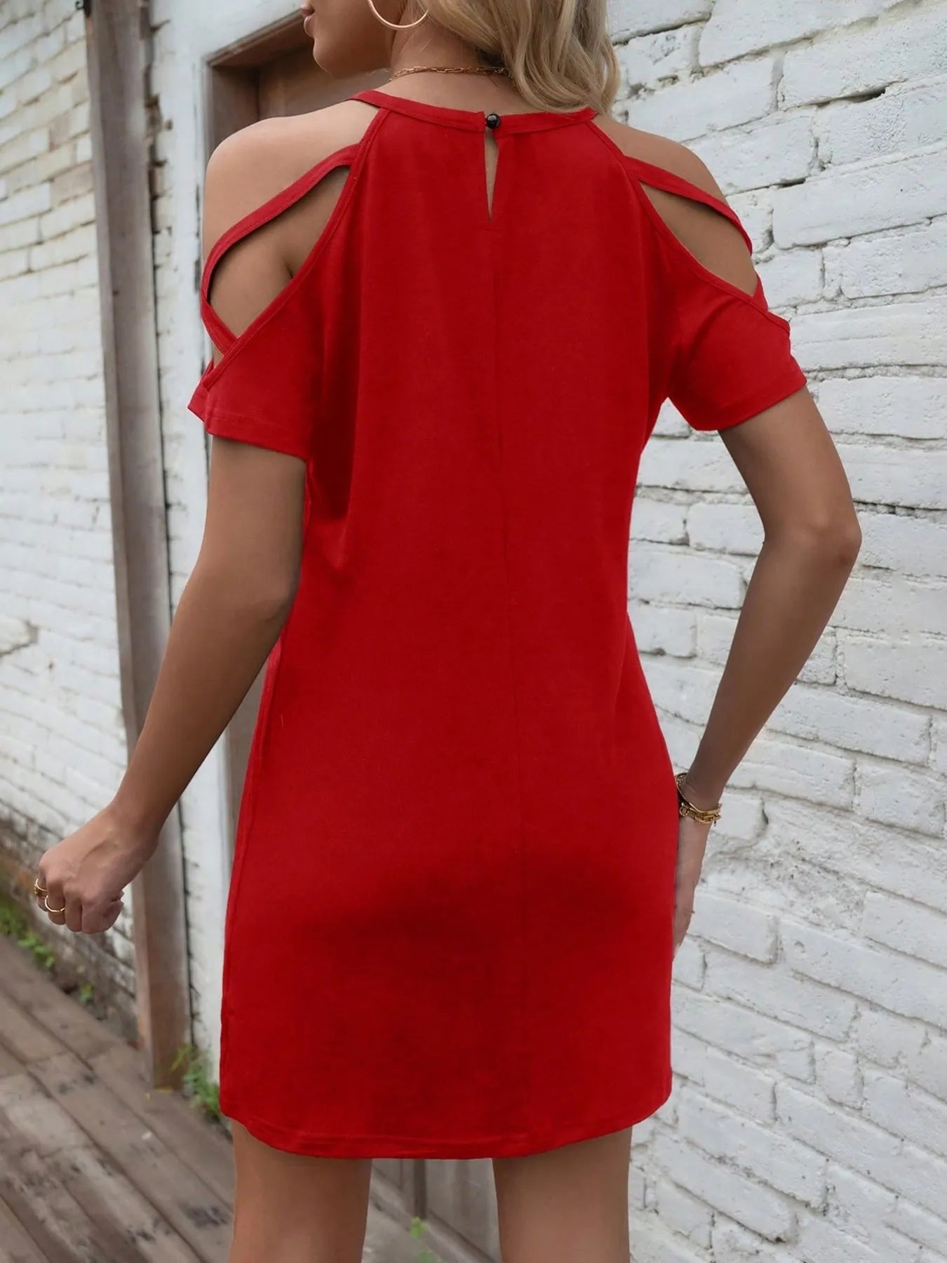 Cold-shoulder red mini dress by Trendsi with cutouts, back view