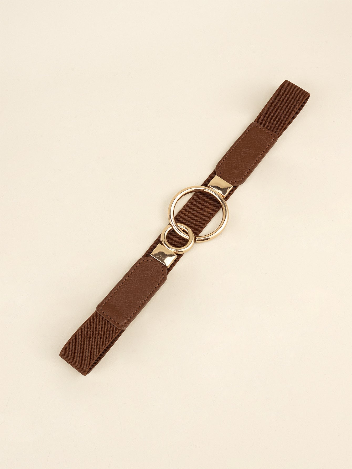 Brown elastic vegan leather belt with double ring buckle and sliding strap loops