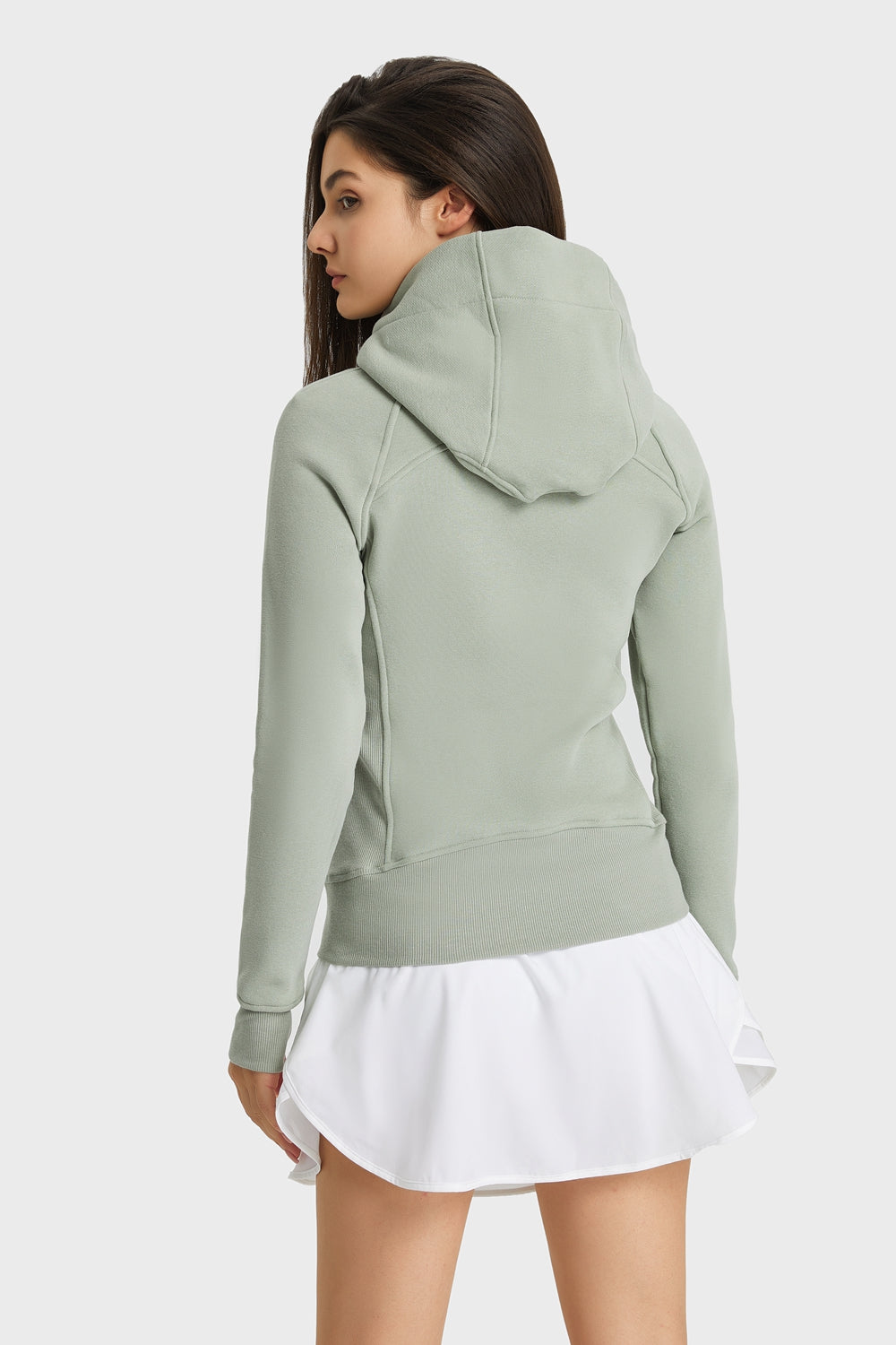Green zip-up hooded sports jacket, back view with drawcord hood