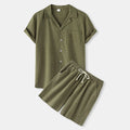 Army green button-up short-sleeve shirt with drawstring shorts set, front