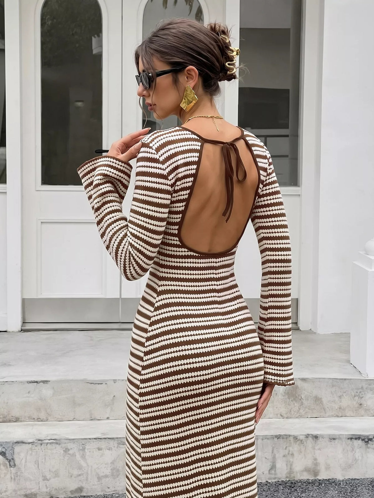 Brown striped ribbed knit midi dress, open back with tie strap detail