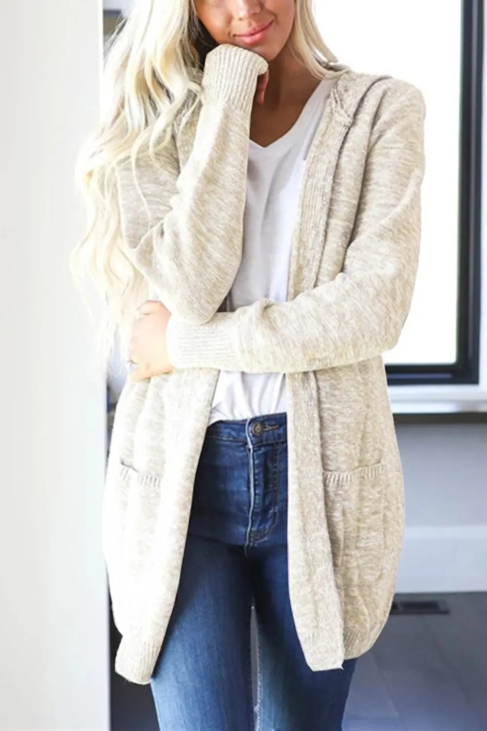 Heathered open-front cardigan, beige with hood, ribbed cuffs, and front pockets