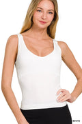 Cedar & Moore Zenana ribbed seamless bra tank top, white, V-neck, padded