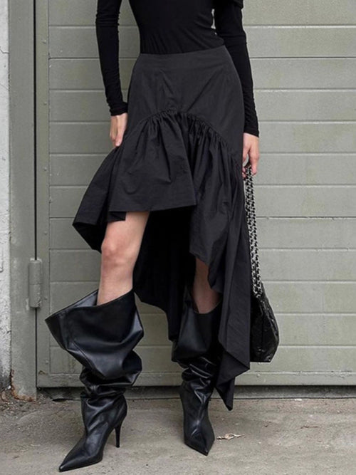 Black asymmetrical ruffle hem midi skirt with gathered waist and layered drape