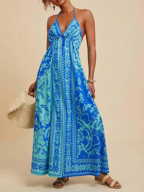 Blue halter maxi dress, sleeveless V-neck with floral print panel, flared skirt