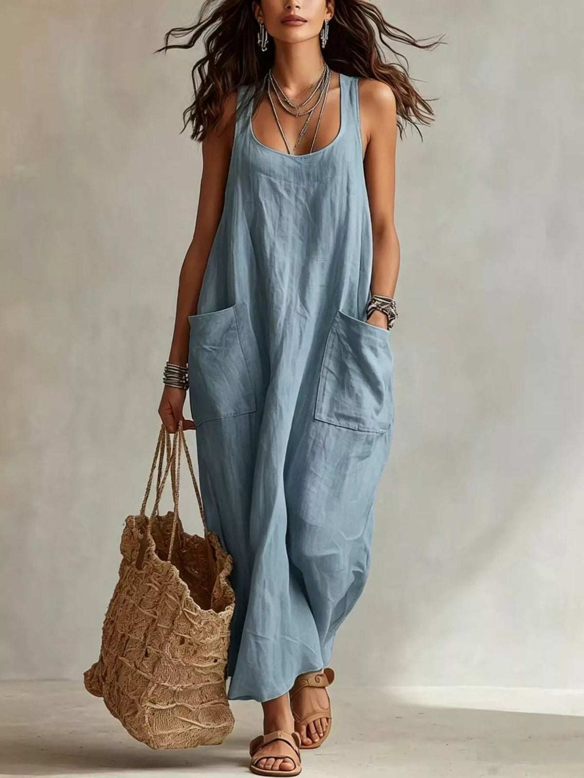 Light blue sleeveless scoop-neck maxi dress with side pockets and roomy silhouette