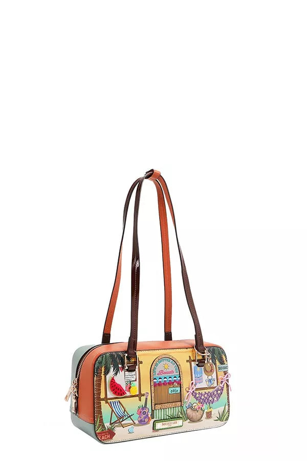 Shoulder bag with scenic print front, brown top handles, and curved shape.