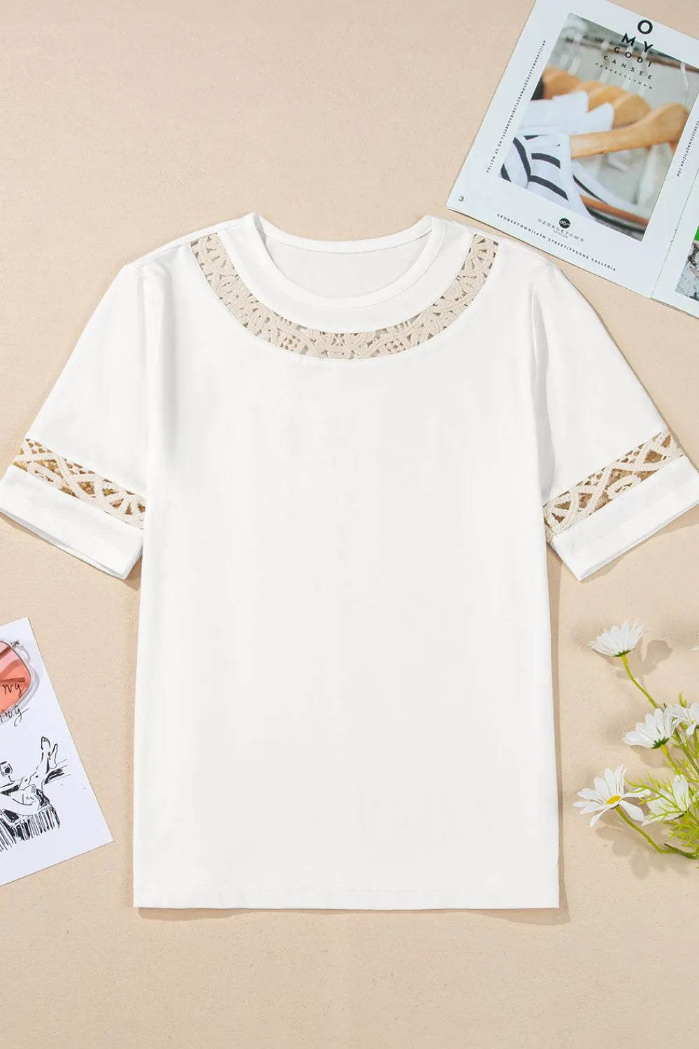 Cedar & Moore Lace Crochet Crew Neck T Shirt, white with beige lace accents by Trendsi