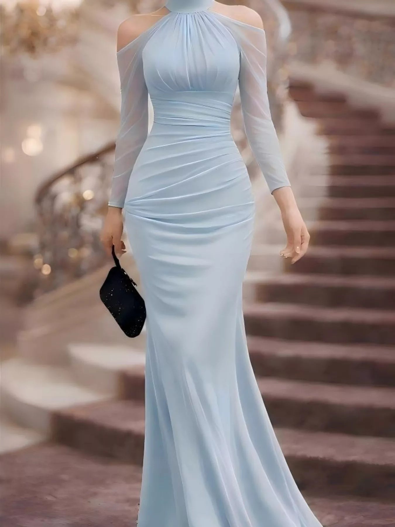 Light blue cold-shoulder mesh-sleeve maxi dress with halter neck and ruched waist