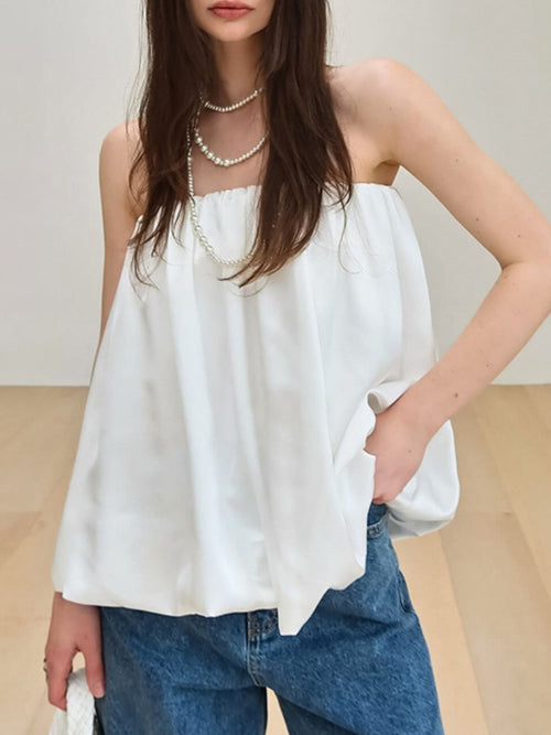 White bubble hem strapless tube top with gathered neckline