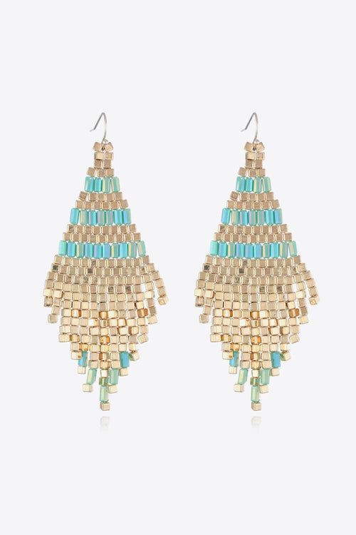 Beaded drop earrings with gold lattice beads and turquoise and teal fringe
