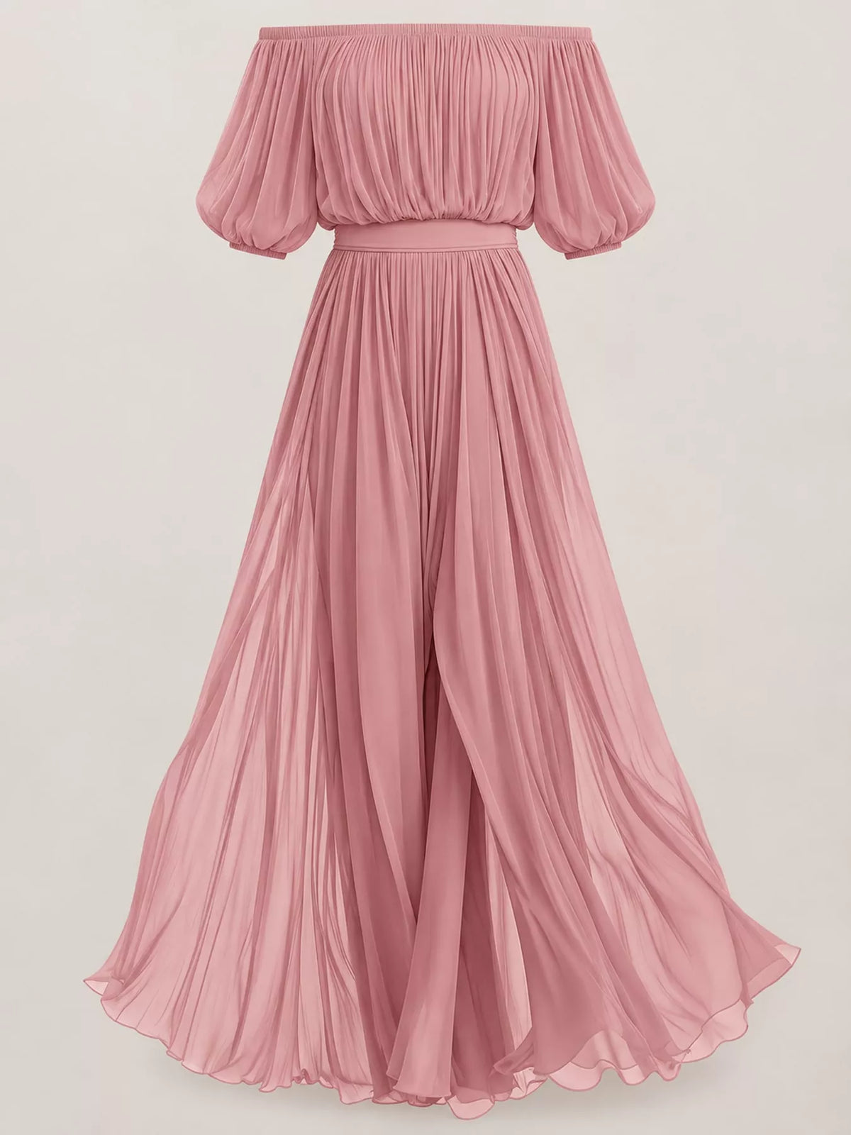 Pink off-shoulder ruched maxi dress, gathered neckline, full flowing skirt