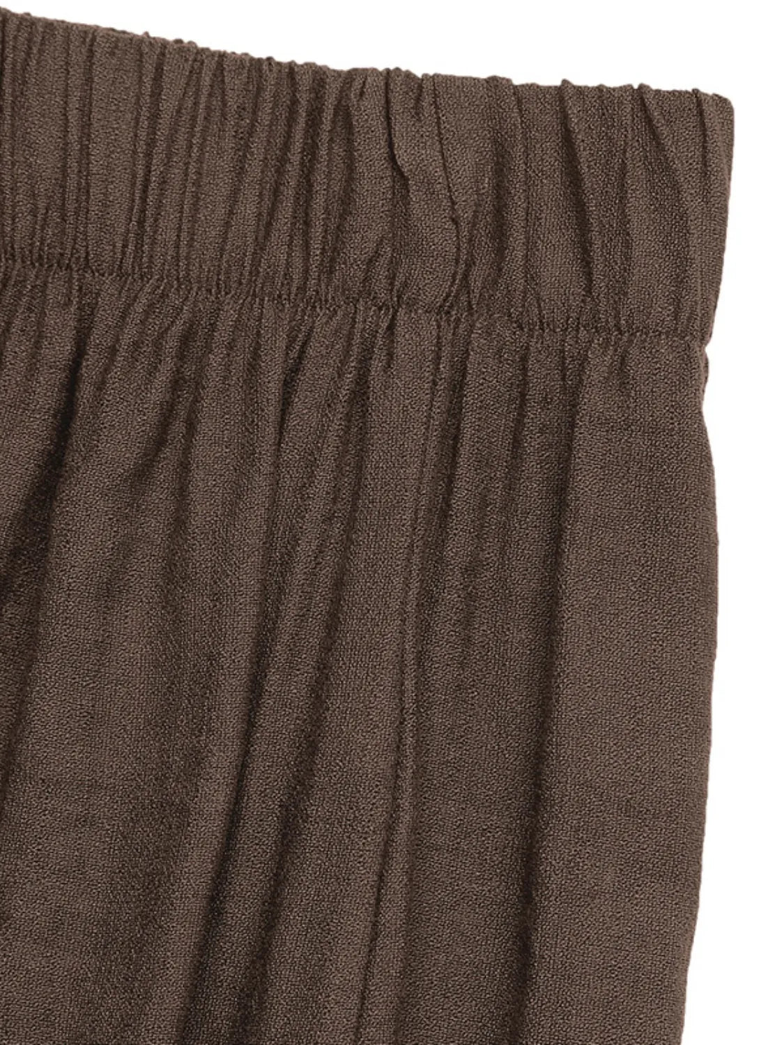 Dark brown gathered elastic waistband on wide-leg pants