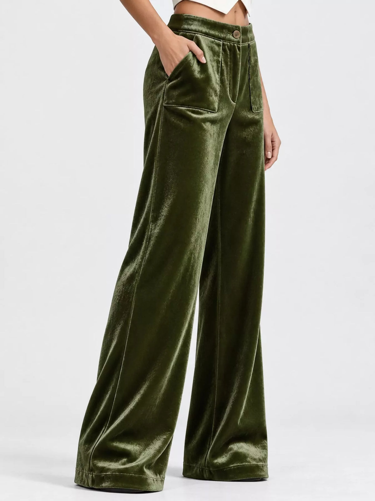 Army green wide-leg velvet pants, high-waisted with front pockets and button closure