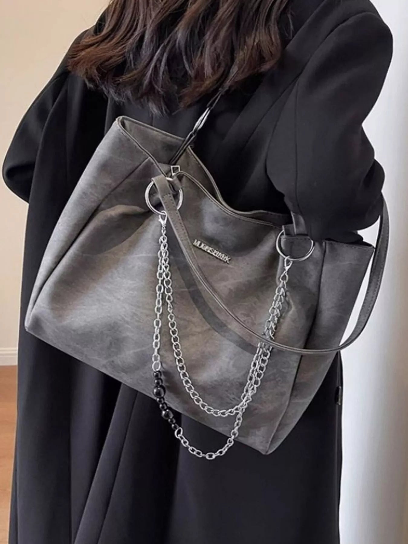 Chain Decor Shoulder Bag, gray PU with silver chain straps