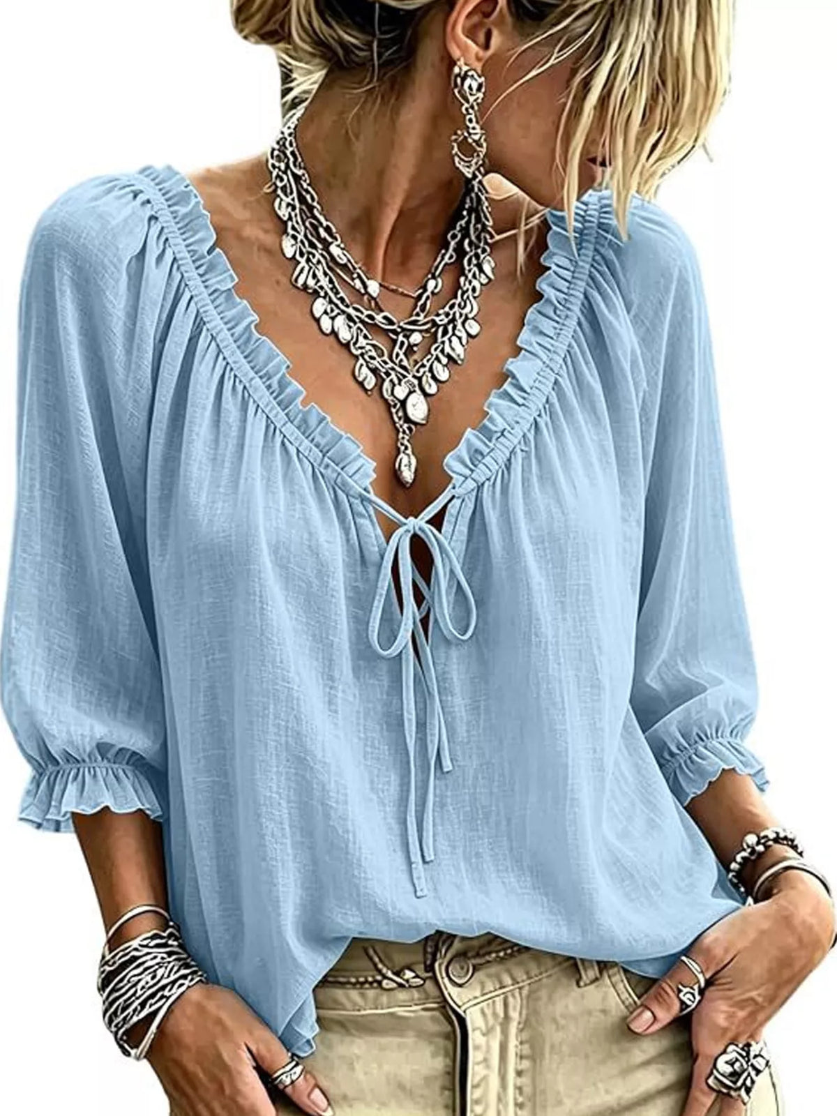 Light blue frill tie-neck three-quarter sleeve blouse with bow placket